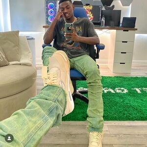 VALELIVES Y2K Stacked Flared Denim Jeans Light Wash Green 32X34